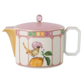 Czajniczek Idyllia z porcelany, motyw kryształowy, ptak, wielobarwny
