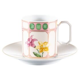 Filiżanka do kawy z spodkiem „Idyllia” – porcelana, motyw kryształowy, kwiaty, wielokolorowa