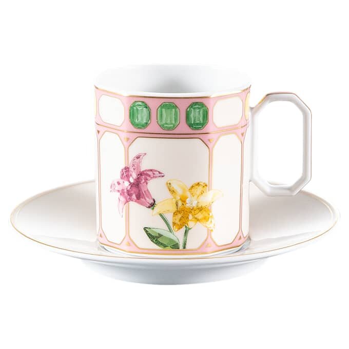 Filiżanka do kawy z spodkiem „Idyllia” – porcelana, motyw kryształowy, kwiaty, wielokolorowa Filiżanka do kawy z spodkiem „Idyllia” – porcelana, motyw kryształowy, kwiaty, wielokolorowa