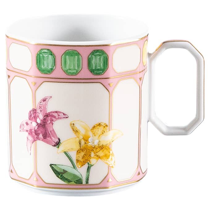 Filiżanka do kawy z spodkiem „Idyllia” – porcelana, motyw kryształowy, kwiaty, wielokolorowa Filiżanka do kawy z spodkiem „Idyllia” – porcelana, motyw kryształowy, kwiaty, wielokolorowa