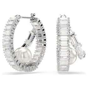 Kolczyki koła Ariana Grande X Swarovski z kryształowymi perełkami, szlifem bagietkowym, białe, pokryte rodem