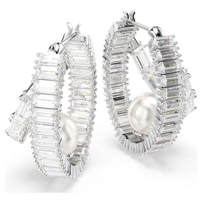 Kolczyki koła Ariana Grande X Swarovski z kryształowymi perełkami, szlifem bagietkowym, białe, pokryte rodem Kolczyki koła Ariana Grande X Swarovski z kryształowymi perełkami, szlifem bagietkowym, białe, pokryte rodem