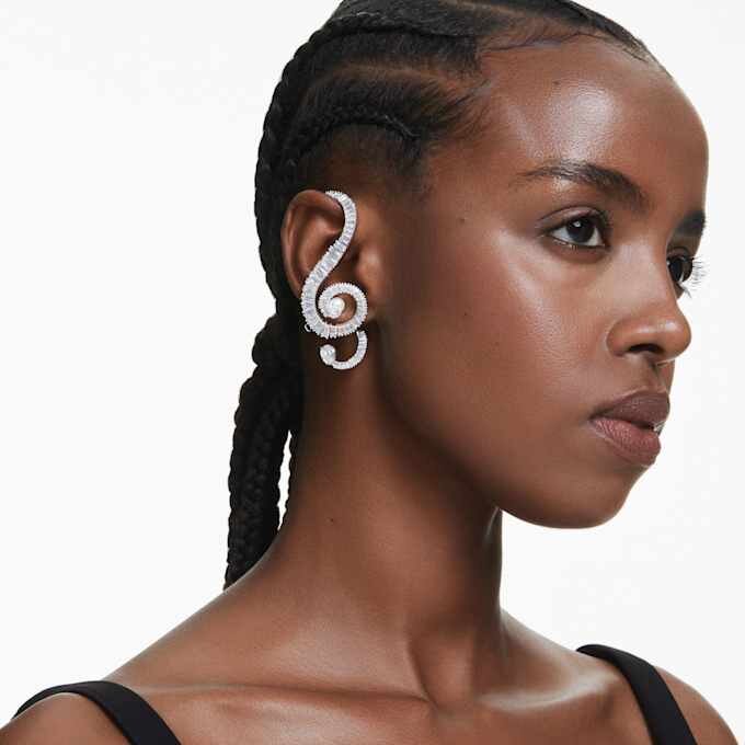 Kolczyki na klipsie Ariana Grande X Swarovski – asymetryczny wzór, kryształowa perła, szlif bagietkowy, białe, pokryte rodem Kolczyki na klipsie Ariana Grande X Swarovski – asymetryczny wzór, kryształowa perła, szlif bagietkowy, białe, pokryte rodem
