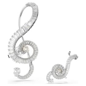 Kolczyki na klipsie Ariana Grande X Swarovski – asymetryczny wzór, kryształowa perła, szlif bagietkowy, białe, pokryte rodem