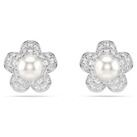 Kolczyki na sztyfcie Ariana Grande X Swarovski – kryształowa perła, szlif okrągły, motyw kwiatowy, białe, pokryte rodem