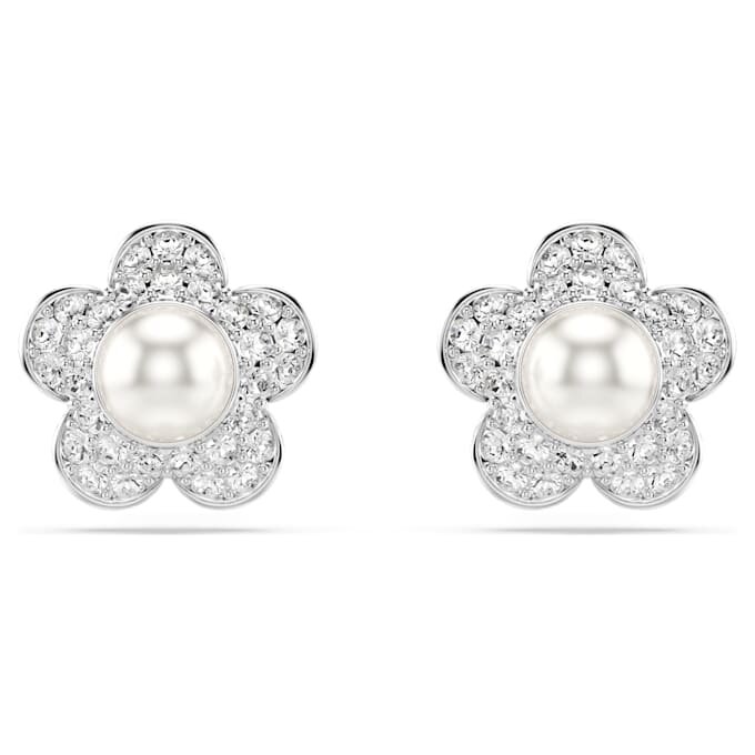 Kolczyki na sztyfcie Ariana Grande X Swarovski – kryształowa perła, szlif okrągły, motyw kwiatowy, białe, pokryte rodem Kolczyki na sztyfcie Ariana Grande X Swarovski – kryształowa perła, szlif okrągły, motyw kwiatowy, białe, pokryte rodem