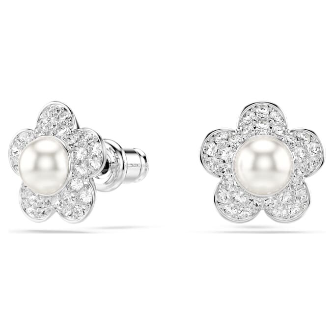 Kolczyki na sztyfcie Ariana Grande X Swarovski – kryształowa perła, szlif okrągły, motyw kwiatowy, białe, pokryte rodem Kolczyki na sztyfcie Ariana Grande X Swarovski – kryształowa perła, szlif okrągły, motyw kwiatowy, białe, pokryte rodem