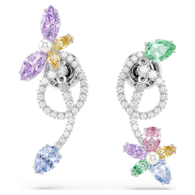 Kolczyki wiszące Ariana Grande X Swarovski z nakładką na ucho, o różnorodnych szlifach, w kształcie ważki i kwiatu, wielokolorowe, pokryte rodem Kolczyki wiszące Ariana Grande X Swarovski z nakładką na ucho, o różnorodnych szlifach, w kształcie ważki i kwiatu, wielokolorowe, pokryte rodem