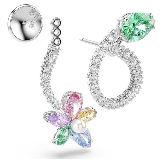 Kolczyki wiszące Ariana Grande X Swarovski z nakładką na ucho, o różnorodnych szlifach, w kształcie ważki i kwiatu, wielokolorowe, pokryte rodem Kolczyki wiszące Ariana Grande X Swarovski z nakładką na ucho, o różnorodnych szlifach, w kształcie ważki i kwiatu, wielokolorowe, pokryte rodem