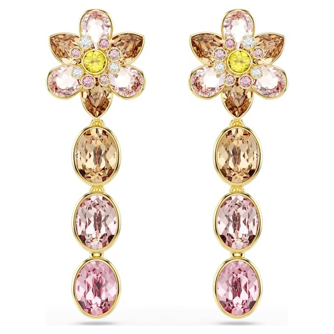 Kolczyki wiszące Idyllia z kryształami o różnych szlifach, motyw kwiatowy, wielokolorowe, pokryte powłoką w kolorze złotym Kolczyki wiszące Idyllia z kryształami o różnych szlifach, motyw kwiatowy, wielokolorowe, pokryte powłoką w kolorze złotym
