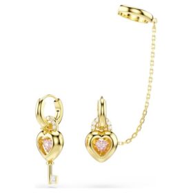 Kolczyki wiszące Idyllia z nausznicą typu ear cuff o mieszanych szlifach, serce z kluczem, różowe, w kolorze złotym