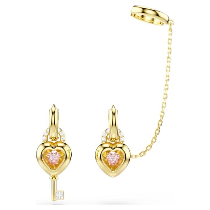 Kolczyki wiszące Idyllia z nausznicą typu ear cuff o mieszanych szlifach, serce z kluczem, różowe, w kolorze złotym Kolczyki wiszące Idyllia z nausznicą typu ear cuff o mieszanych szlifach, serce z kluczem, różowe, w kolorze złotym