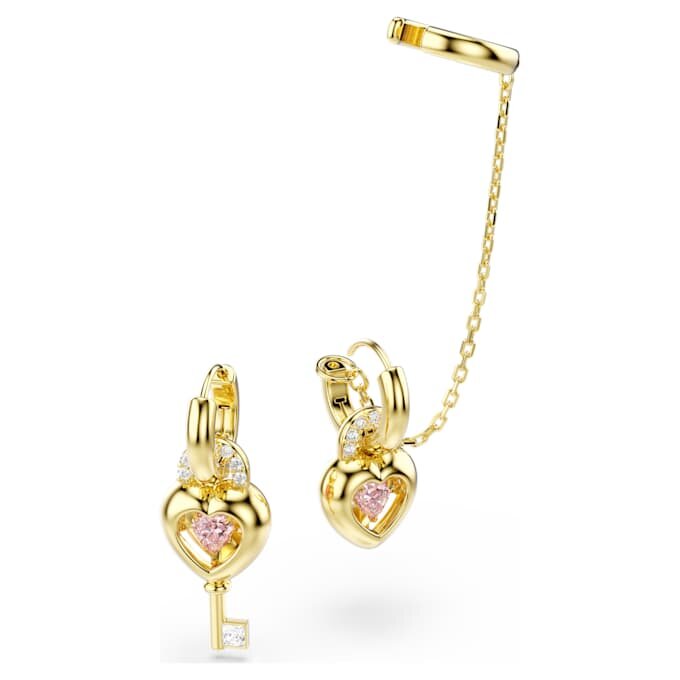 Kolczyki wiszące Idyllia z nausznicą typu ear cuff o mieszanych szlifach, serce z kluczem, różowe, w kolorze złotym Kolczyki wiszące Idyllia z nausznicą typu ear cuff o mieszanych szlifach, serce z kluczem, różowe, w kolorze złotym
