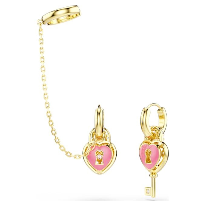 Kolczyki wiszące Idyllia z nausznicą typu ear cuff o mieszanych szlifach, serce z kluczem, różowe, w kolorze złotym Kolczyki wiszące Idyllia z nausznicą typu ear cuff o mieszanych szlifach, serce z kluczem, różowe, w kolorze złotym