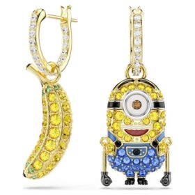 Kolczyki wiszące z motywem Minionków – Stuart i Banana, w stylu pavé, mini, wielokolorowe, pozłacane