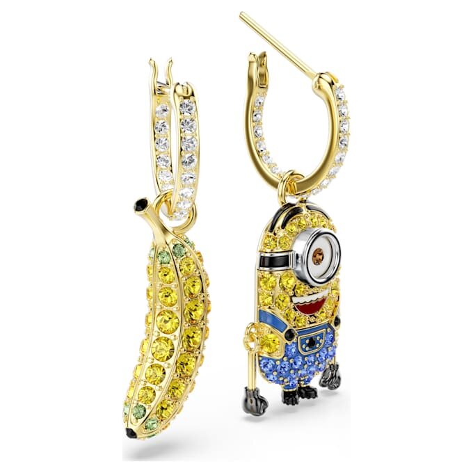 Kolczyki wiszące z motywem Minionków – Stuart i Banana, w stylu pavé, mini, wielokolorowe, pozłacane Kolczyki wiszące z motywem Minionków – Stuart i Banana, w stylu pavé, mini, wielokolorowe, pozłacane