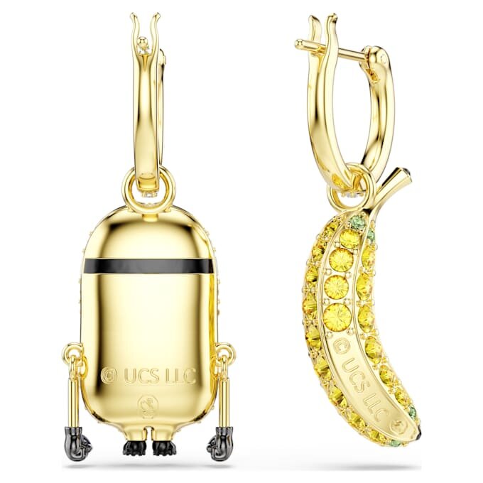 Kolczyki wiszące z motywem Minionków – Stuart i Banana, w stylu pavé, mini, wielokolorowe, pozłacane Kolczyki wiszące z motywem Minionków – Stuart i Banana, w stylu pavé, mini, wielokolorowe, pozłacane