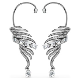 Kolekcja Vienna – kolczyki typu ear cuff z motywem piór, duże, białe, pokryte rutenem
