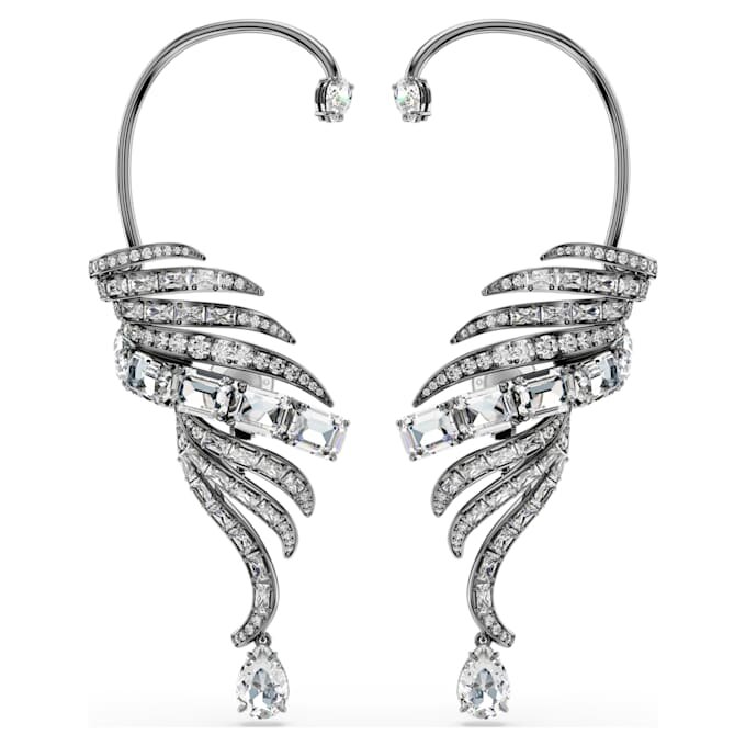 Kolekcja Vienna – kolczyki typu ear cuff z motywem piór, duże, białe, pokryte rutenem Kolekcja Vienna – kolczyki typu ear cuff z motywem piór, duże, białe, pokryte rutenem