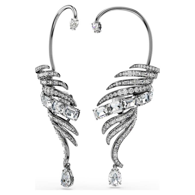 Kolekcja Vienna – kolczyki typu ear cuff z motywem piór, duże, białe, pokryte rutenem Kolekcja Vienna – kolczyki typu ear cuff z motywem piór, duże, białe, pokryte rutenem