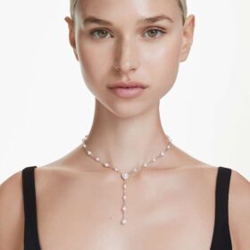 Naszyjnik Ariana Grande X Swarovski Y – mieszane szlify, kryształowa perła, serce, biały, pokryty rodem
