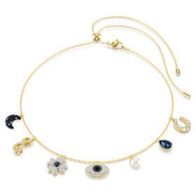 Naszyjnik typu choker Symbolica z kryształowymi perłami, księżycem, symbolem Infinity, koniczyną, symbolem „złego oka” i podkową, niebieski, w kolorze złotym