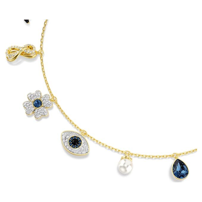 Naszyjnik typu choker Symbolica z kryształowymi perłami, księżycem, symbolem Infinity, koniczyną, symbolem „złego oka” i podkową, niebieski, w kolorze złotym Naszyjnik typu choker Symbolica z kryształowymi perłami, księżycem, symbolem Infinity, koniczyną, symbolem „złego oka” i podkową, niebieski, w kolorze złotym
