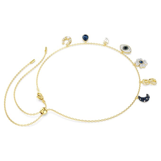 Naszyjnik typu choker Symbolica z kryształowymi perłami, księżycem, symbolem Infinity, koniczyną, symbolem „złego oka” i podkową, niebieski, w kolorze złotym Naszyjnik typu choker Symbolica z kryształowymi perłami, księżycem, symbolem Infinity, koniczyną, symbolem „złego oka” i podkową, niebieski, w kolorze złotym