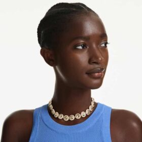Naszyjnik typu choker Una Angelic z kryształkami o szlifie okrągłym, w kolorze karmelowym, pokryty powłoką w odcieniu złota