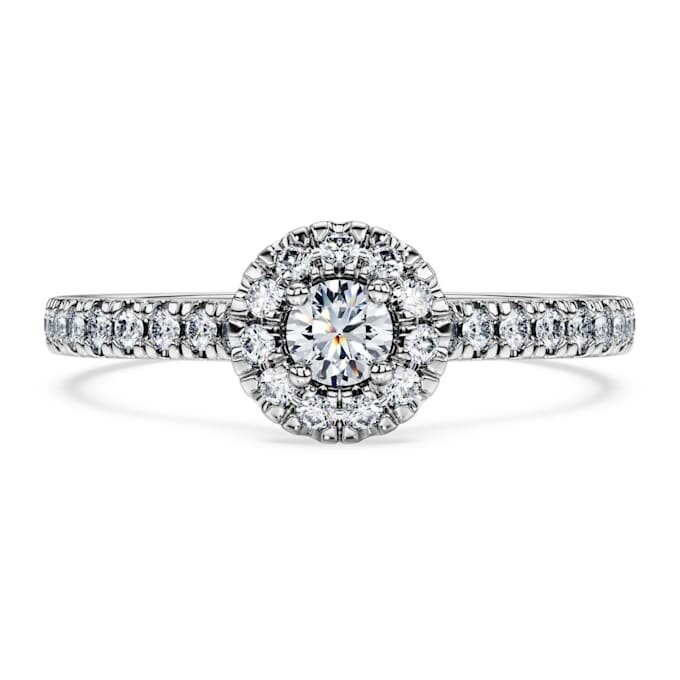 Pierścionek soliterowy „Eternity Halo” z diamentami wyhodowanymi w laboratorium o łącznej masie 0,45 karata, okrągłe, srebro próby 925 Pierścionek soliterowy „Eternity Halo” z diamentami wyhodowanymi w laboratorium o łącznej masie 0,45 karata, okrągłe, srebro próby 925