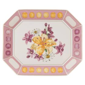Taca Idyllia z porcelany, motyw kryształowy, kwiaty, duża, różowa