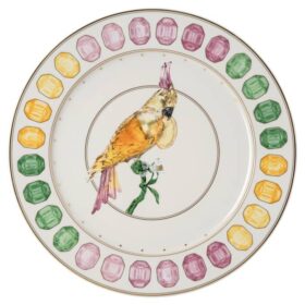 Talerz obiadowy Idyllia z porcelany, motyw kryształowy, kakadu, wielobarwny