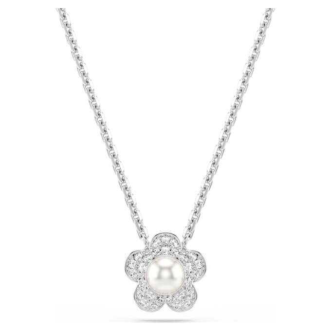 Wisiorek Ariana Grande X Swarovski z kryształową perłą, szlif okrągły, kwiat, biały, pokryty rodem Wisiorek Ariana Grande X Swarovski z kryształową perłą, szlif okrągły, kwiat, biały, pokryty rodem