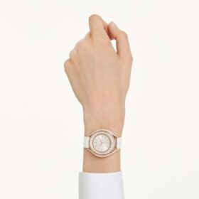 Zegarek Crystalline Aura Swiss Made, skórzany pasek, biały, wykończenie w odcieniu różowego złota