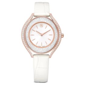 Zegarek Crystalline Aura Swiss Made, skórzany pasek, biały, wykończenie w odcieniu różowego złota