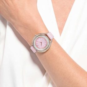 Zegarek Crystalline Aura Swiss Made, skórzany pasek, różowy, wykończenie w odcieniu różowego złota