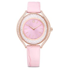 Zegarek Crystalline Aura Swiss Made, skórzany pasek, różowy, wykończenie w odcieniu różowego złota