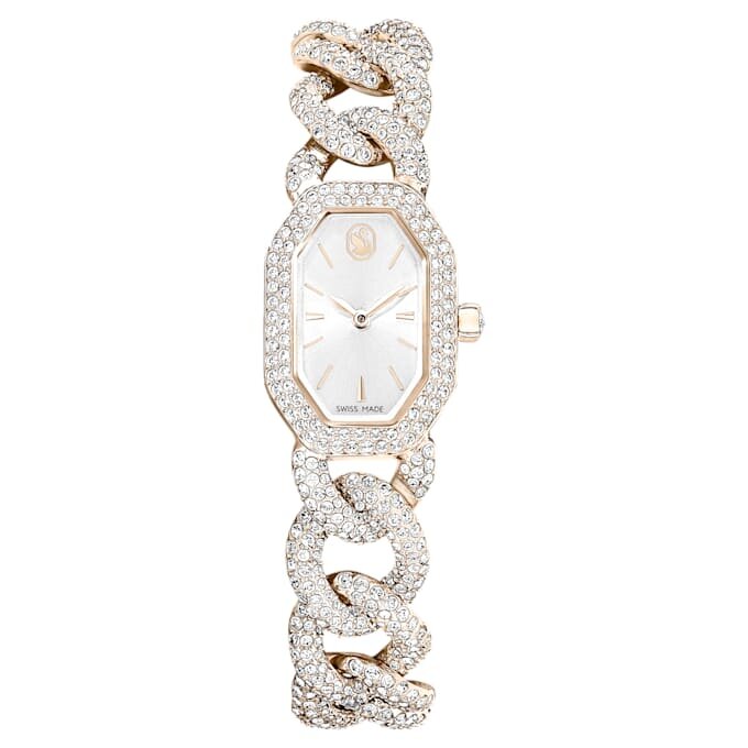 Zegarek Dextera Chain Swiss Made, bransoletka z kryształami, biały, wykończenie w kolorze szampańskiego złota Zegarek Dextera Chain Swiss Made, bransoletka z kryształami, biały, wykończenie w kolorze szampańskiego złota