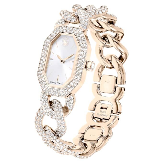 Zegarek Dextera Chain Swiss Made, bransoletka z kryształami, biały, wykończenie w kolorze szampańskiego złota Zegarek Dextera Chain Swiss Made, bransoletka z kryształami, biały, wykończenie w kolorze szampańskiego złota