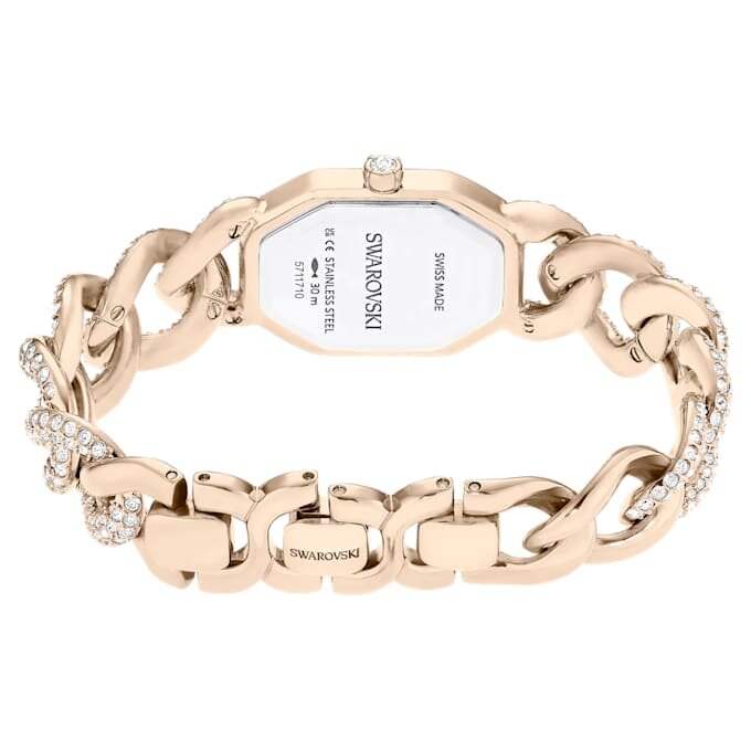 Zegarek Dextera Chain Swiss Made, bransoletka z kryształami, biały, wykończenie w kolorze szampańskiego złota Zegarek Dextera Chain Swiss Made, bransoletka z kryształami, biały, wykończenie w kolorze szampańskiego złota