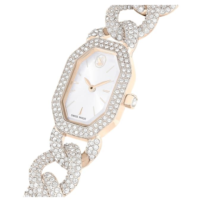 Zegarek Dextera Chain Swiss Made, bransoletka z kryształami, biały, wykończenie w kolorze szampańskiego złota Zegarek Dextera Chain Swiss Made, bransoletka z kryształami, biały, wykończenie w kolorze szampańskiego złota