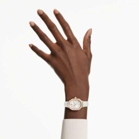 Zegarek Dextera Octagon Swiss Made, skórzany pasek, biały, wykończenie w odcieniu różowego złota