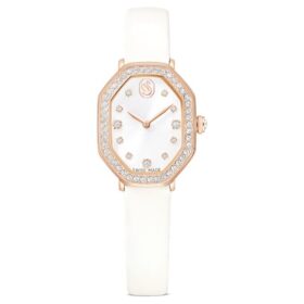 Zegarek Dextera Octagon Swiss Made, skórzany pasek, biały, wykończenie w odcieniu różowego złota