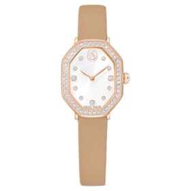 Zegarek Dextera Octagon Swiss Made, skórzany pasek, brązowy, wykończenie w odcieniu różowego złota