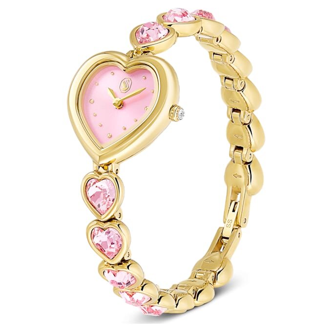Zegarek Idyllia Heart z kryształową bransoletką, różowy, wykończenie w kolorze złotym Zegarek Idyllia Heart z kryształową bransoletką, różowy, wykończenie w kolorze złotym