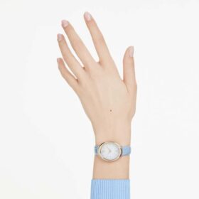 Zegarek Imber Oval Swiss Made, skórzany pasek, niebieski, wykończenie w kolorze szampańskiego złota
