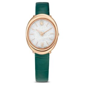 Zegarek Imber Oval Swiss Made, skórzany pasek, zielony, wykończenie w odcieniu różowego złota