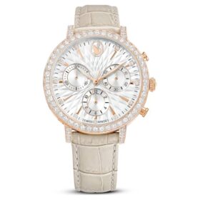Zegarek Matrix Tennis Chrono Swiss Made, skórzany pasek, beżowy, wykończenie w odcieniu różowego złota