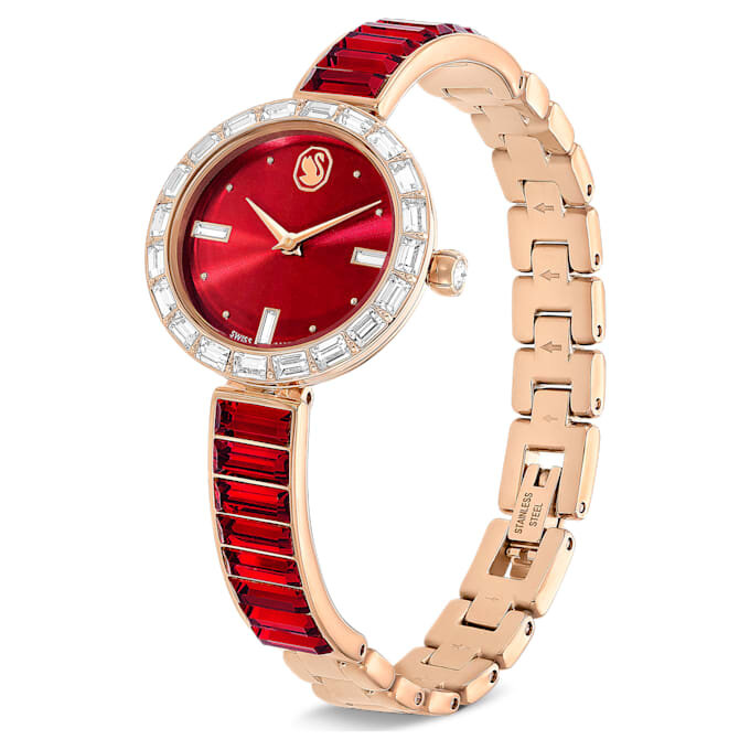 Zegarek Matrix z bransoletką typu bangle, wyprodukowany w Szwajcarii, bransoletka z kryształami, czerwony, wykończenie w odcieniu różowego złota Zegarek Matrix z bransoletką typu bangle, wyprodukowany w Szwajcarii, bransoletka z kryształami, czerwony, wykończenie w odcieniu różowego złota