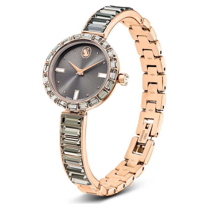 Zegarek Matrix z bransoletką typu bangle, wyprodukowany w Szwajcarii, bransoletka z kryształkami, szary, wykończenie w odcieniu różowego złota Zegarek Matrix z bransoletką typu bangle, wyprodukowany w Szwajcarii, bransoletka z kryształkami, szary, wykończenie w odcieniu różowego złota